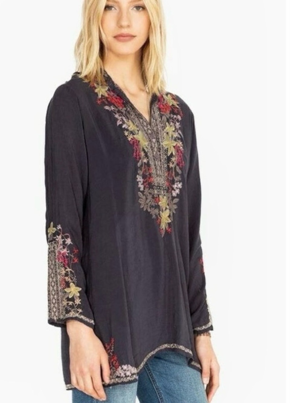 Johnny Was Liliana Button Detail Charcoal Large Embroidered Tunic NWT